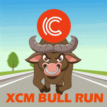 a bull running down a road with the words xcm bull run below