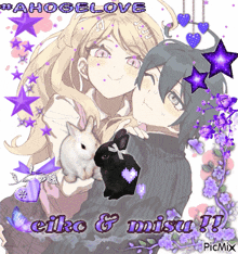 a picture of a girl and a boy with rabbits and the words ahogelove eiko & misu !!