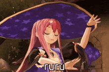 a girl with pink hair is wearing a purple hat that says fufu on it