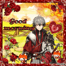 a picture of a boy with a sword and the words good morning on it