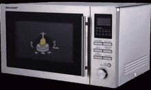 a stainless steel sharp microwave oven with a cartoon character on it