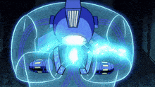 a cartoon drawing of a robot with a light coming out of it 's mouth