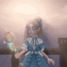 a pixel art of a girl in a blue dress holding a balloon .