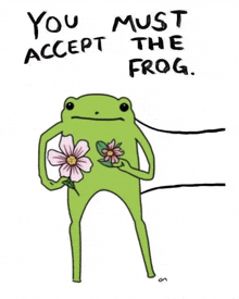 a frog is holding a pink flower in its hands and says `` you must accept the frog '' .