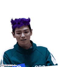 a man with purple hair is wearing a blue jacket with the letter o on the pocket