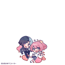 a cartoon drawing of a boy and a girl with hearts in the background