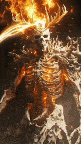 a skeleton with flames coming out of its head and antlers