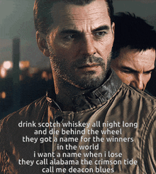 a man with a beard is standing next to another man with the words drink scotch whiskey all night long behind them