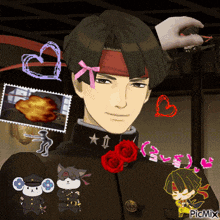 a picture of a man with a pink bow on his head has a picmix watermark on the bottom right corner