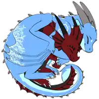 a drawing of a blue dragon with a red tail