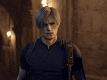 a man is holding a gun with a purple light on it