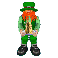 a leprechaun is holding a plate of food with a slice of cake on it