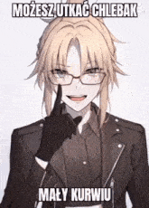 a picture of a girl with glasses and a jacket that says możesz utkac chlebak
