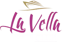 a purple and gold logo for la vella with a boat in the background