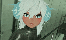 a girl with white hair and blue ears has a black jacket on