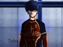 a cartoon character is wearing a red shirt that says bastard on it .