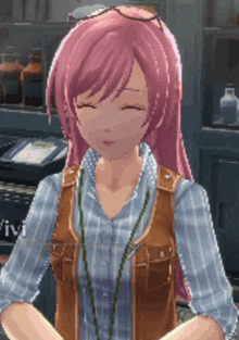 a girl with pink hair is wearing glasses and a brown vest