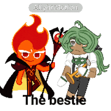 a pixel art of a fire cookie and a green cookie standing next to each other