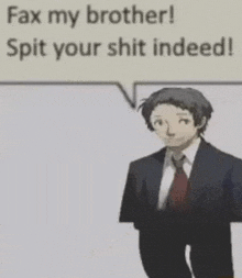a man in a suit and tie is standing in front of a speech bubble .