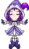 a pixel art drawing of a girl in a purple dress and a purple hat .