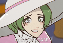 a cartoon of a woman wearing a hat with the words pretty please written below her