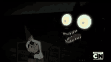 a close up of a cartoon character 's face with sharp teeth and glowing eyes .