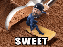 a man in a wet suit is riding a waffle on top of a scoop of chocolate ice cream with the word sweet below him