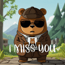 a cartoon bear in a suit and hat holding a picture of a bear and the words i miss you