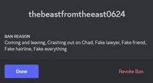 a screenshot of the beast from the east displaying a ban reason