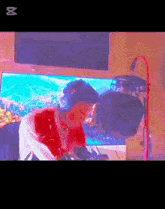a painting of a woman playing a video game with the letter m on the bottom