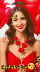 a woman in a red dress is holding a bunch of red roses and says good morning .