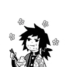a black and white drawing of a boy holding chopsticks and a bowl of food .