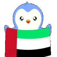 a cartoon penguin is holding a flag from the united arab emirates