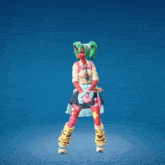 a girl with green hair is standing with her arms up