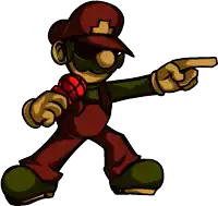 a cartoon character with a red hat and green pants pointing