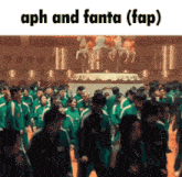 a group of people are standing in front of a carousel and the caption says aph and fanta