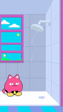 a pixel art drawing of a cat taking a shower with a window in the background