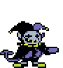a pixel art drawing of a jester with a hat and a tail .