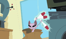 a cartoon cat is holding a bottle that says ' eee ' on it