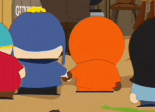 a group of cartoon characters are standing next to each other .
