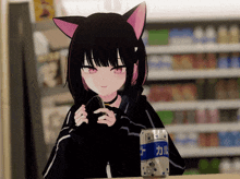 a girl with cat ears is sitting at a table with a can of soda