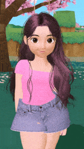 a cartoon girl with purple hair is wearing a pink top and shorts