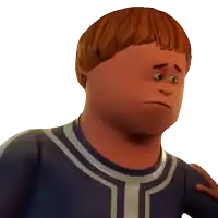 a cartoon character with a sad look on his face is wearing a blue and white shirt