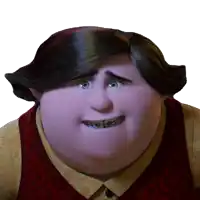 a cartoon character with braces on his teeth and a red vest