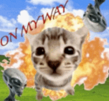 a cat is standing in front of an explosion with the words " on my way " written above it