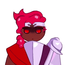a cartoon character with red hair and a purple armor