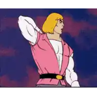 a cartoon of a man with blonde hair wearing a pink vest