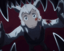 a cartoon character with blood on his face is surrounded by shark teeth