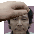 a hand is touching a man 's forehead in a pixel art .