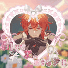 a picture of a man in a heart with the words " diluc xiaoyu " written on it